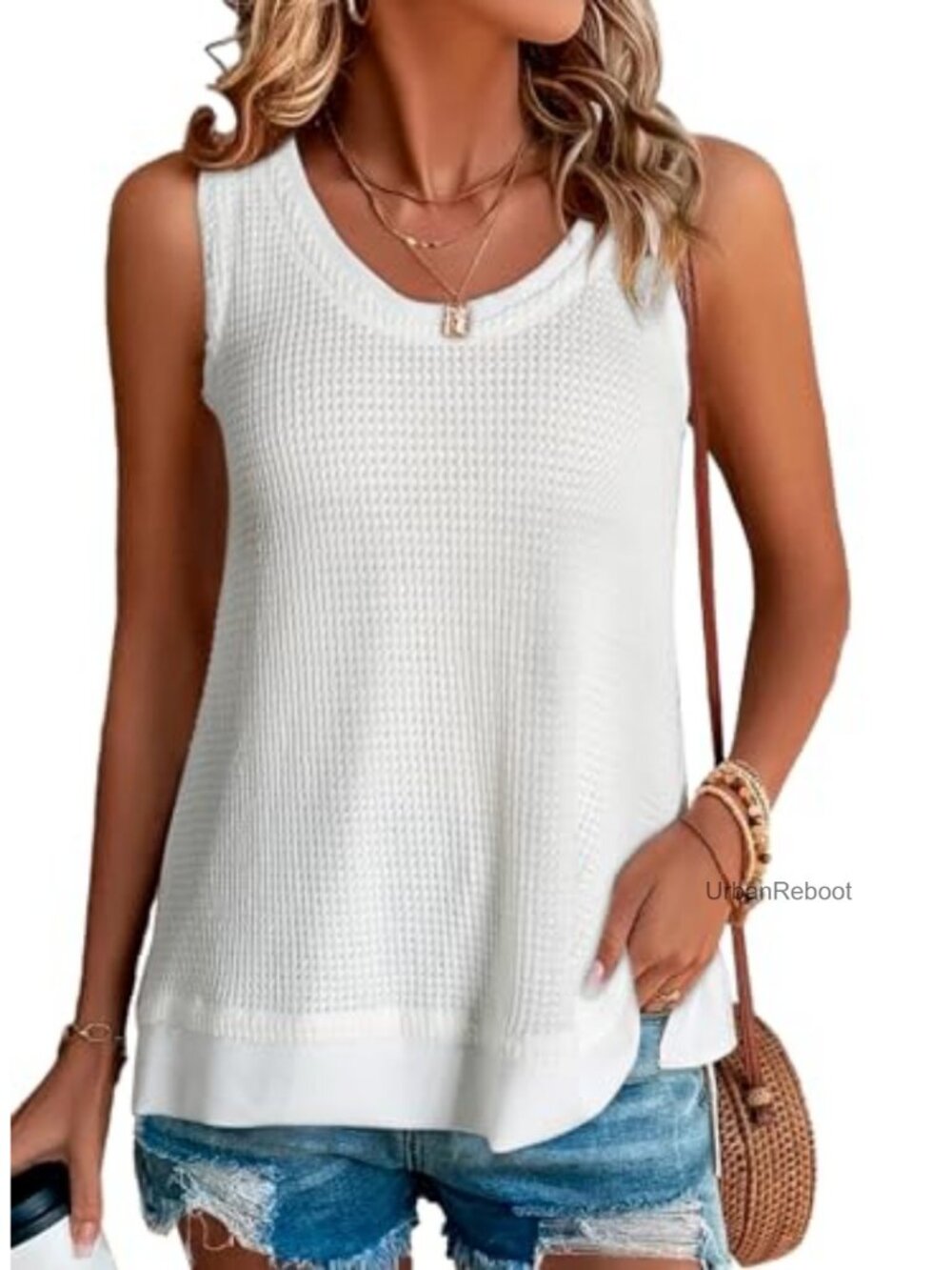 Women's Waffle Knit Tank Top Sleeveless Scoop Neck Loose Fit Cute Summer Shirt